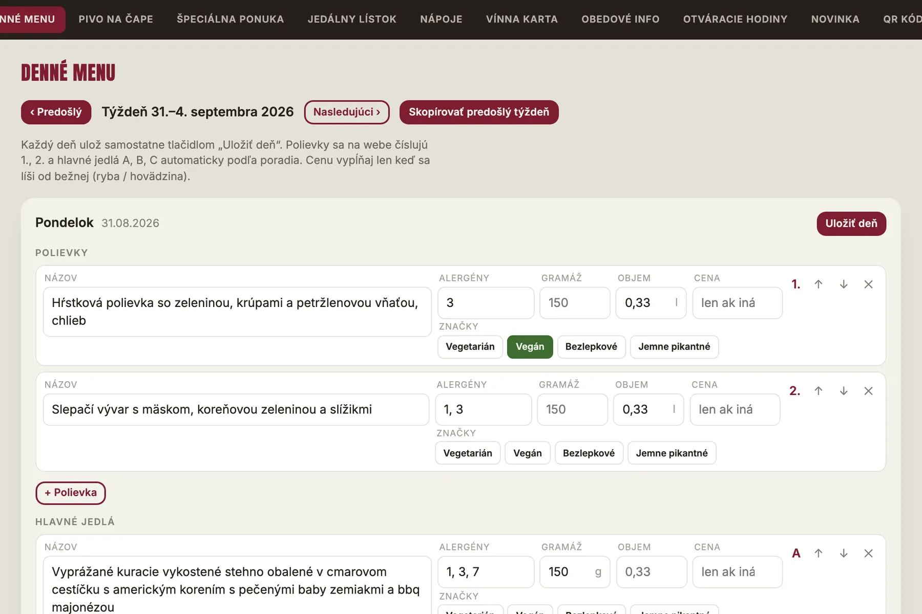 Administrácia Kinečka: denné menu na týždeň