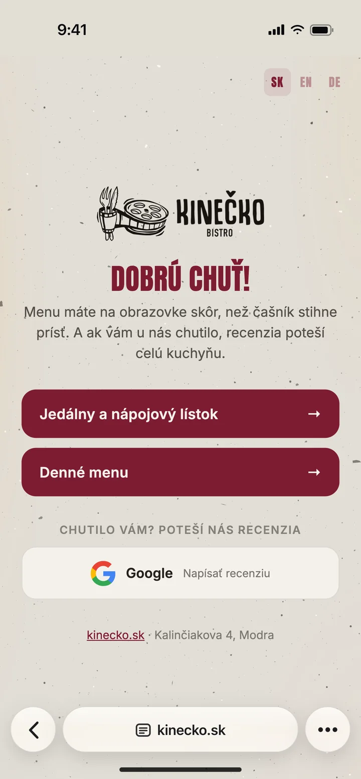 QR menu Bistra Kinečko v mobile